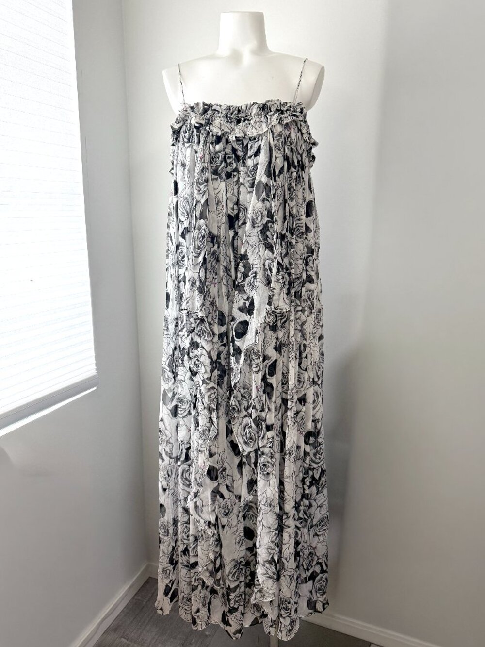 Authentic Thomas Wylde Skulls & Roses White Thin Strap Silk Chiffon Maxi Dress
